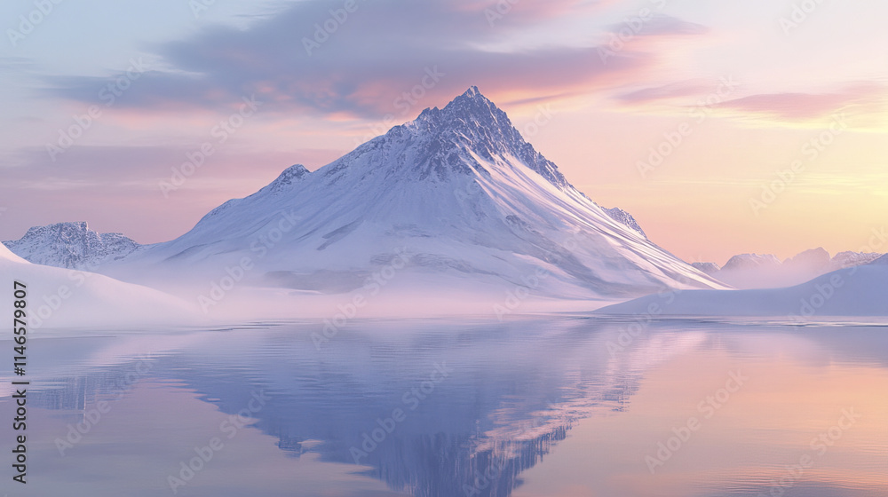 Serene snow covered volcano reflected in calm icy lake at dawn Serene snow covered volcano reflected in calm icy lake at dawn