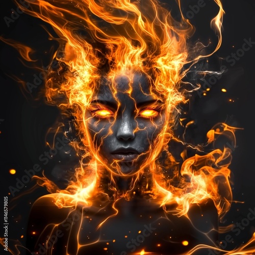 A fiery elemental female figure with glowing molten eyes, surrounded by intense flames. The entity radiates heat and power, embodying the essence of burning infernal energy.