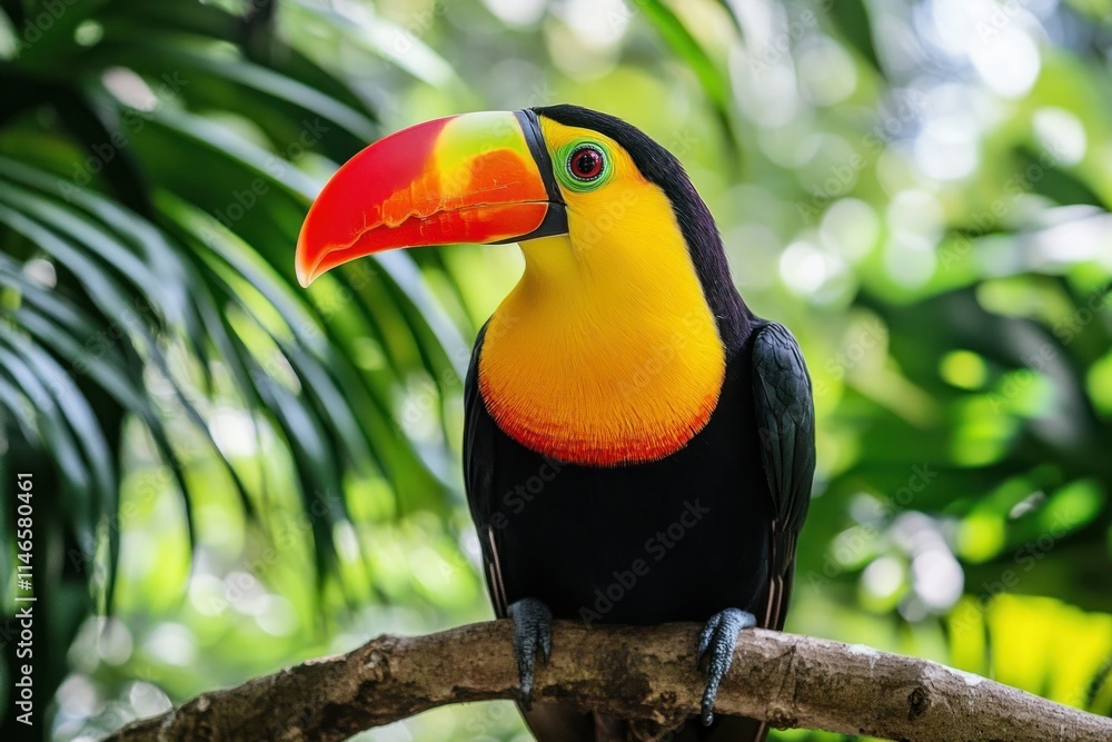 Obraz premium Vibrant Toucan with Multicolored Beak Perched on Branch Amid Lush Green Foliage in Tropical Rainforest Environment, Nature's Colorful Avian Beauty