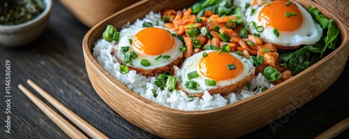 Discover the art of the traditional bento box, a Japanese lunch concept emphasizing simplicity and balance This minimalist presentation showcases a delightful mix of rice, eggs, and greens, offering