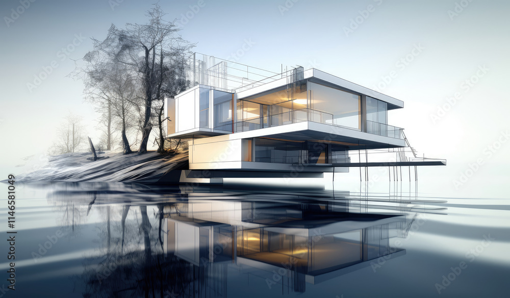 Modern Waterfront Architecture at Twilight Reflection Modern Waterfront Architecture at Twilight Reflection