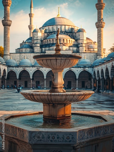 Blue Mosque exterior portraits taken from the courtyard. Picture of shadirvan (a type of fountain) inside courtyard of the famous Blue Mosque. Shadirvan and minarets. copy space photo