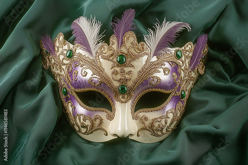 Intricately designed Mardi Gras mask with green and purple embellishments, placed on luxurious fabric, symbolizing New Orleans’ iconic Carnival festivities photo