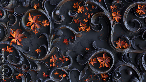 Wallpaper Mural 3D embossed pattern with swirls and vines, in a dark gray color palette. Torontodigital.ca