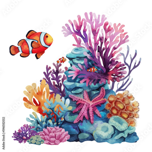 A watercolor drawing of a vibrant coral reef with clownfish, isolated on a white background. Vibrant coral reef clownfish vector.
