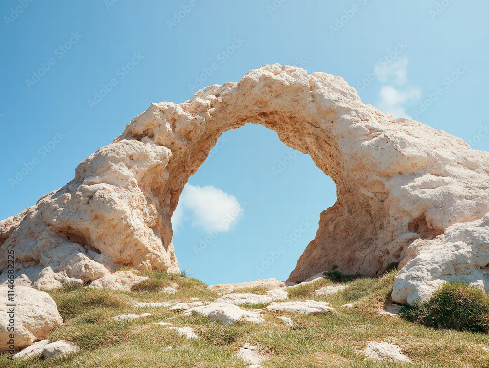 Natural rock arch with blue sky and sparse vegetation