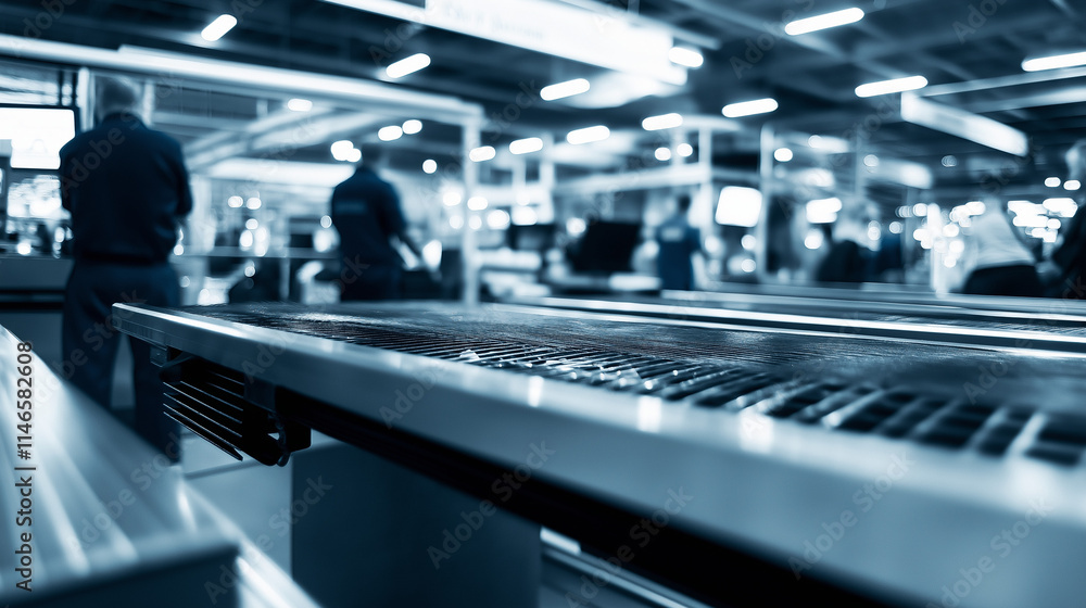 Airport security checkpoint scene with travelers passing through metal detectors, blurred background of X-ray machines and security personnel, highlighting the process of airport security checks. Airport security checkpoint scene with travelers passing through metal detectors, blurred background of X-ray machines and security personnel, highlighting the process of airport security checks.