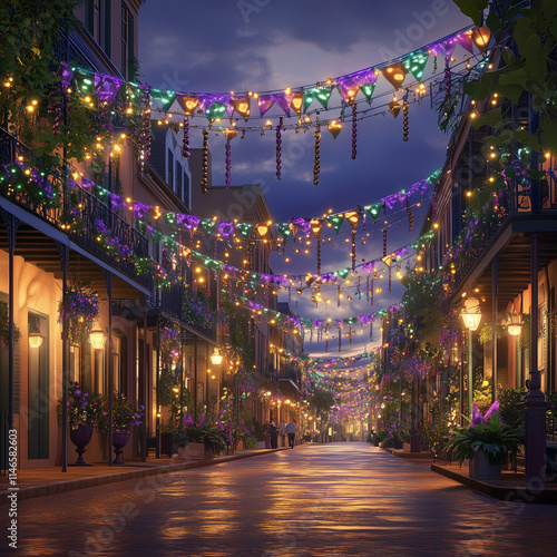 Vibrantly Decorated New Orleans Street with Mardi Gras Banners, Lights, and Beads During Nighttime Festival