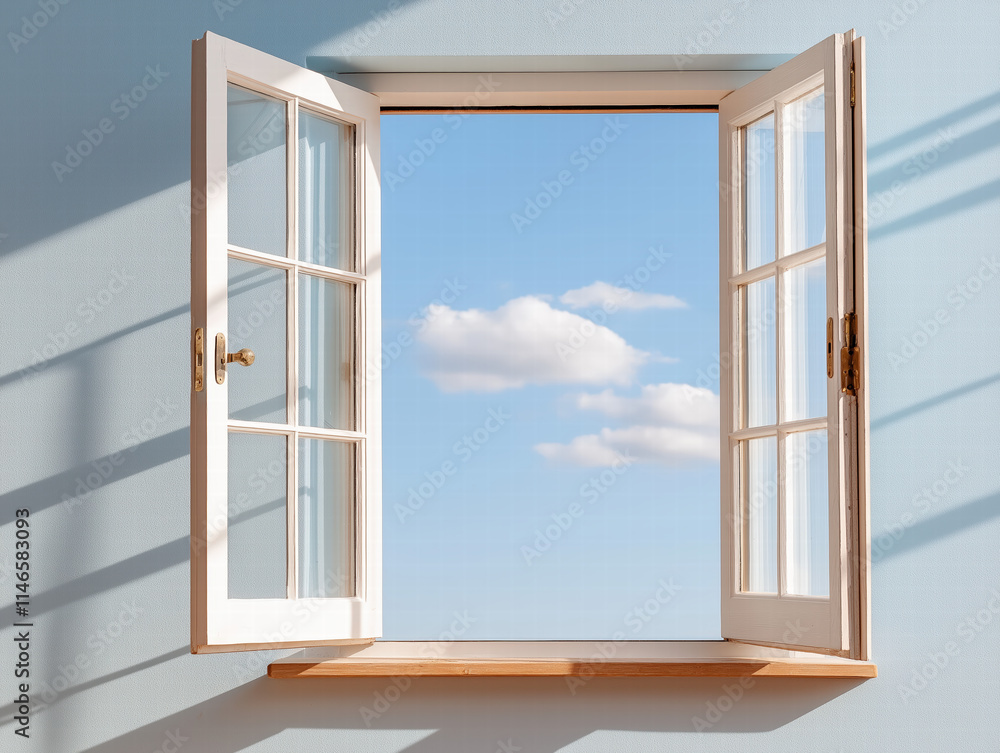 Open window with blue sky and clouds Open window with blue sky and clouds