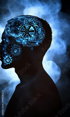 A silhouette of a head with intricate gears and blue light, symbolizing the fusion of technology and mind.