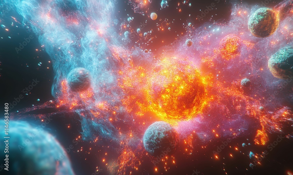 Fototapeta premium Celestial bodies collide, fiery explosion, cosmic dust.