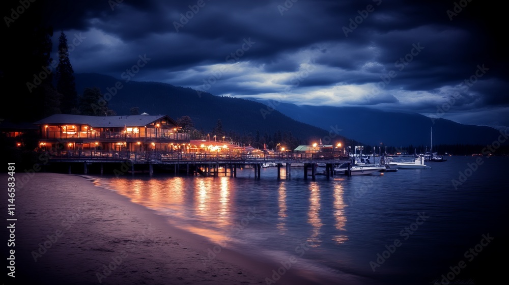 Obraz premium Lakeside Lodge Twilight Serene Night Scene at the Lake