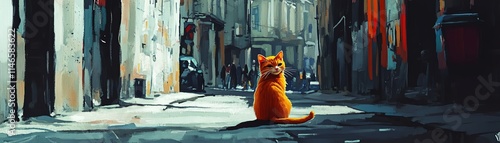 A curious orange cat sitting alone in a narrow urban alley.