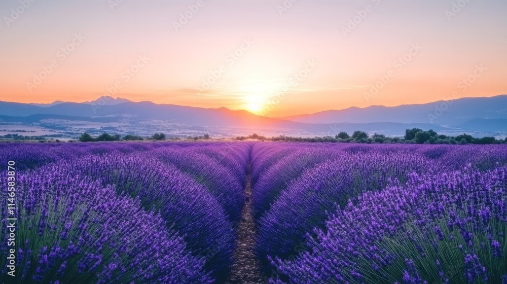 Naklejka premium Lavender Field Sunrise Tranquil Purple Landscape at Dawn