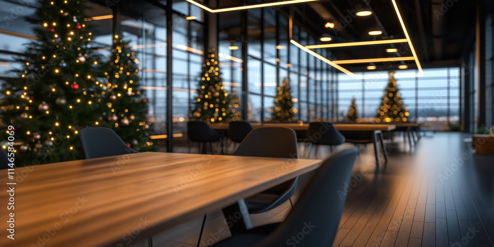 Fototapeta premium A modern office space decorated for Christmas, featuring beautifully lit trees and a warm, inviting atmosphere.