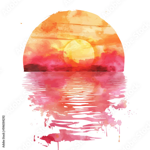 A watercolor vector of a vibrant orange and pink sunset over water, isolated on a white background. Vibrant sunset water vector.
