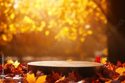Serene Autumn Scene with Vibrant Leaves Surrounding a Blank Wooden Platform Under Soft Sunlight in a Beautiful Outdoor Setting