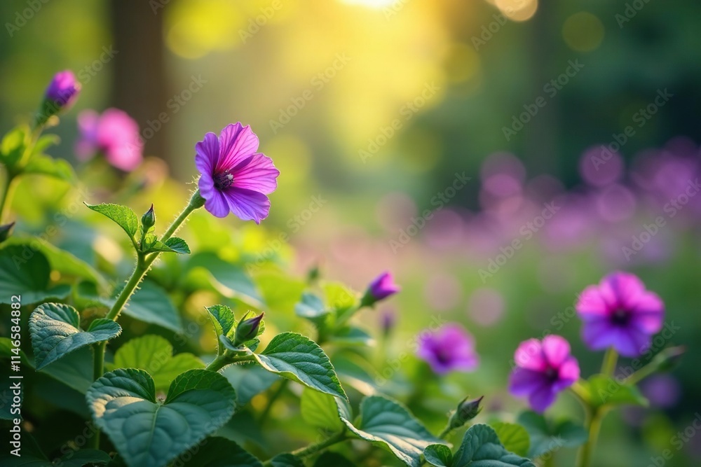 Fototapeta premium Vines with purple Common Bugloss flowers and multi-colored bokeh, purple, yellow