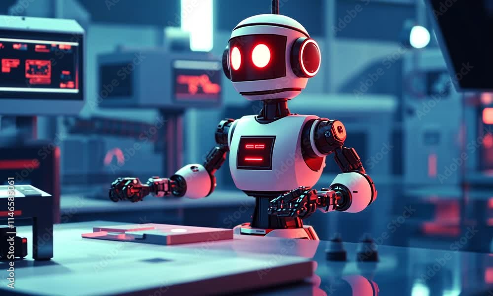 A futuristic robot with glowing red eyes interacts in a high-tech environment. A futuristic robot with glowing red eyes interacts in a high-tech environment.