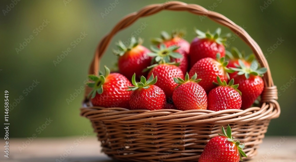 Close-up of ripe red strawberries in a wicker basket on a blurred green background Close-up of ripe red strawberries in a wicker basket on a blurred green background