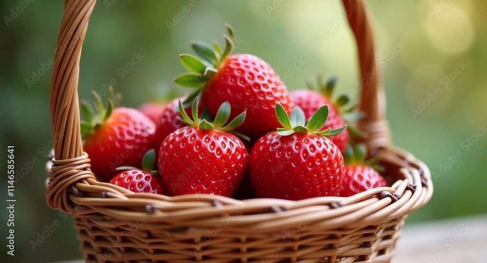 Close-up of ripe red strawberries in a wicker basket on a green background Close-up of ripe red strawberries in a wicker basket on a green background