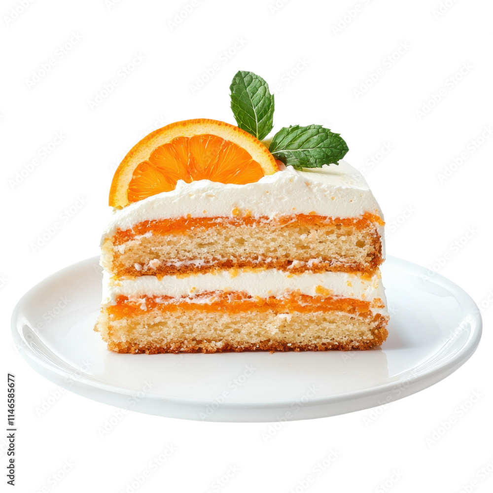A layered cake topped with a slice of orange and fresh mint leaves, showcasing a creamy filling and vibrant orange segments, white background, transparent background. A layered cake topped with a slice of orange and fresh mint leaves, showcasing a creamy filling and vibrant orange segments, white background, transparent background.