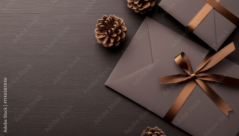 Elegant brown envelopes with ribbons and pine cones on a dark surface, perfect for gifting or seasonal decorations. Elegant brown envelopes with ribbons and pine cones on a dark surface, perfect for gifting or seasonal decorations.