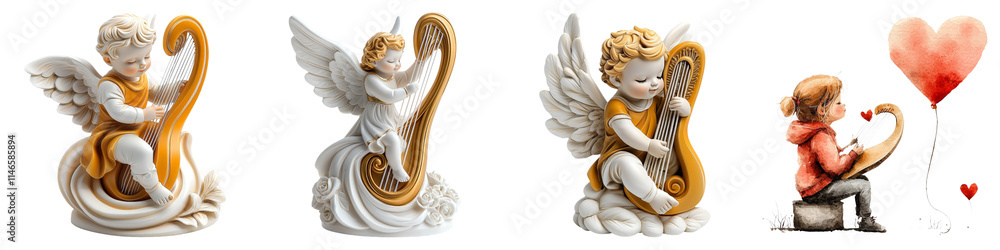 Fototapeta premium Cupid and Valentines concept. Four decorative figurines of angels playing harps, with a heart symbol in the background. on Transparent background.