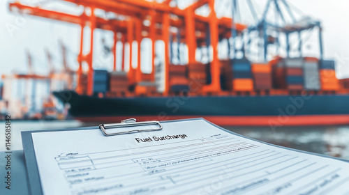 Fuel surcharge document in focus with shipping containers in background
