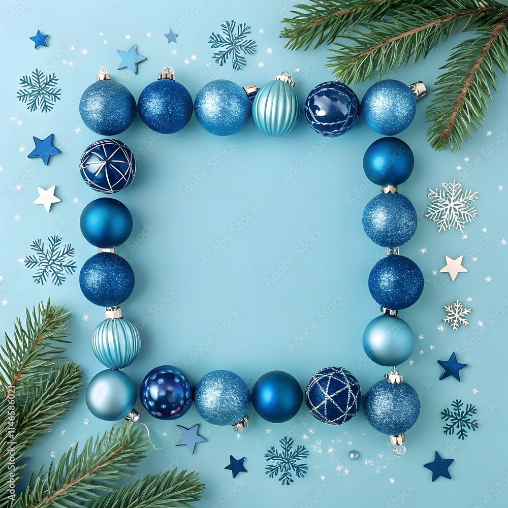 Blue Christmas Baubles Frame with Snowflakes and Pine Branches, Festive Holiday Border with Blue Ornaments and Winter Decorations, Modern Christmas Background with Baubles and Seasonal Elements Blue Christmas Baubles Frame with Snowflakes and Pine Branches, Festive Holiday Border with Blue Ornaments and Winter Decorations, Modern Christmas Background with Baubles and Seasonal Elements