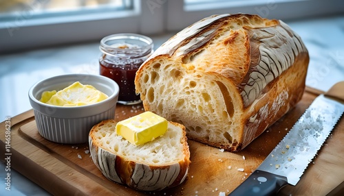 Rustic Sourdough Loaf with Salted Butter and Fig Jam – Artisan Bread Photography photo