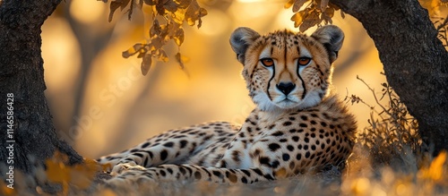 Majestic cheetah resting under golden sunlight in African savanna. photo