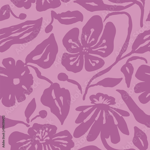 Monochrome purple brush strokes inky flowers seamless pattern. Abstract modern loose floral background. Textured botanical minimalist wallpaper