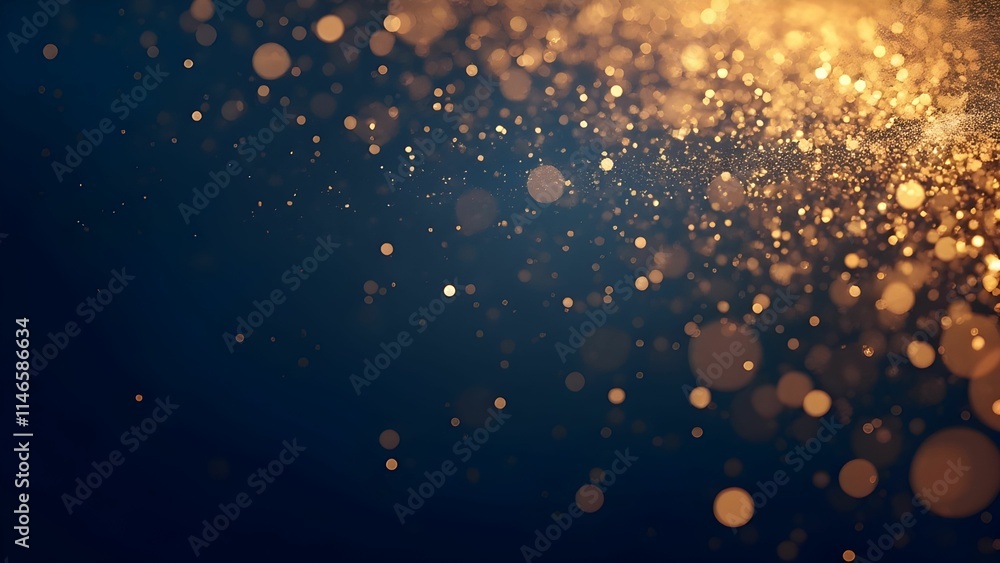 Fototapeta premium Abstract dark blue and gold particle background with golden light bokeh, shining particles on navy blue, gold foil texture, festive holiday concept