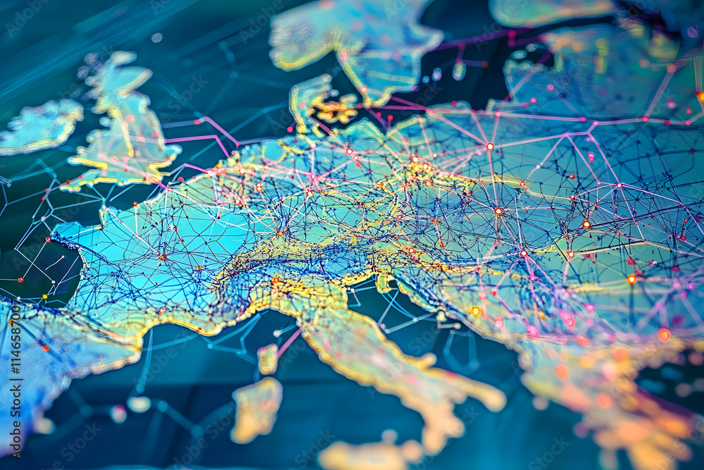 Fototapeta premium Abstract digital map showcasing connectivity across Western Europe