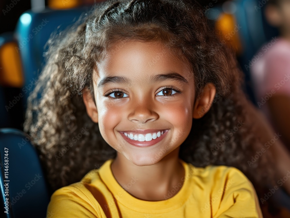 This is a photo of a child with curly brown hair smiling, wearing a yellow shirt while inside with blue seating It's not a merry-go-round, nor is it in a park There is no sense of carefree nostalgia This is a photo of a child with curly brown hair smiling, wearing a yellow shirt while inside with blue seating It's not a merry-go-round, nor is it in a park There is no sense of carefree nostalgia