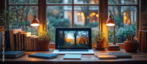 Cozy autumn workspace with laptop, books, plants, and lamps by a window.