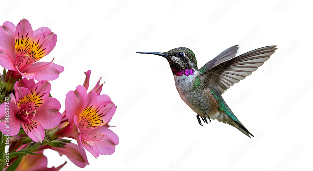 Fototapeta premium Hummingbird Hovering Near Pink Alstroemeria Flowers