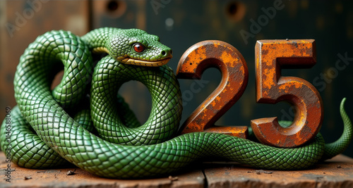 Green snake wraps around the numbers 2025 on a rustic wooden background photo