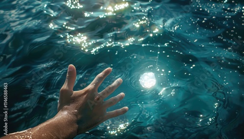 A hand pointing at an underwater object, like the bottom of ocean or something, with its finger. The background is blue water and light is shining