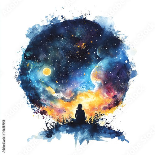 A person gazing at a cosmic universe filled with stars and vibrant colors. photo