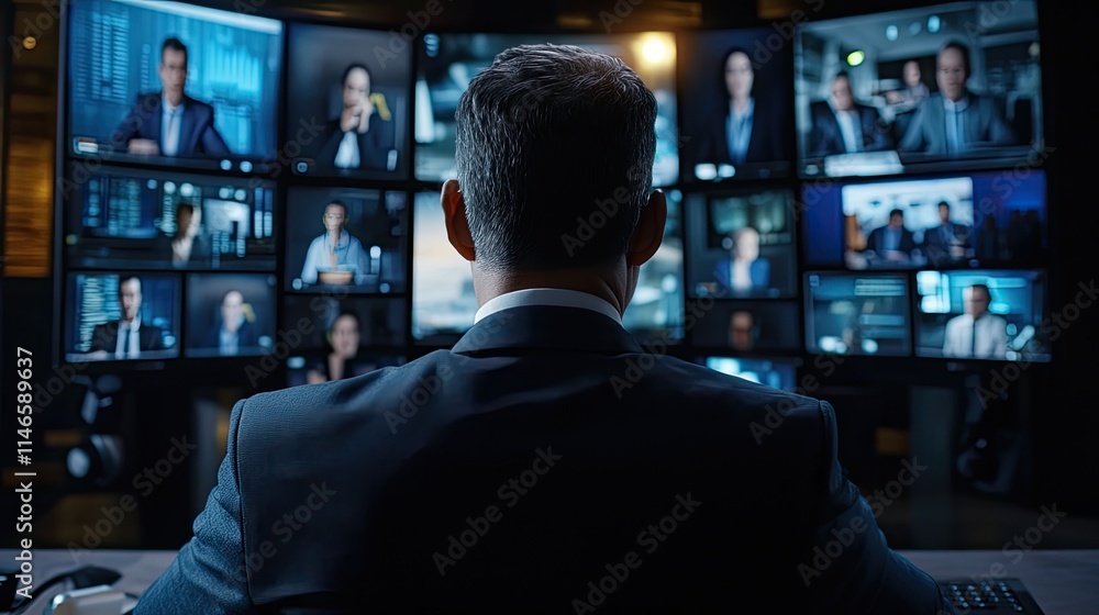 Man in suit monitors multiple video conference calls on large screens in a dark control room. Man in suit monitors multiple video conference calls on large screens in a dark control room.