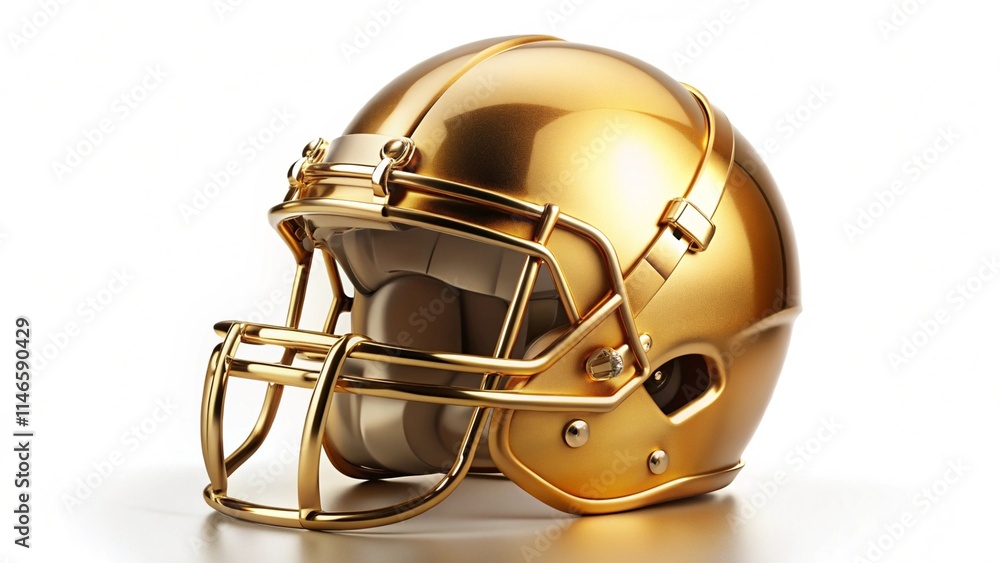 Fototapeta premium Stylish gold football helmet isolated on white background, perfect for sports-themed projects and branding. 