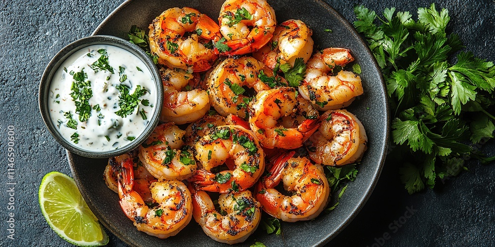 Grilled shrimps or prawns served with lime, garlic and white sauce on a dark concrete background. Seafood. Top view with copy space. Flat lay Grilled shrimps or prawns served with lime, garlic and white sauce on a dark concrete background. Seafood. Top view with copy space. Flat lay