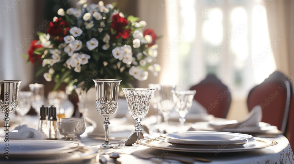 elegant table setting with crystal glasses and flowers elegant table setting with crystal glasses and flowers