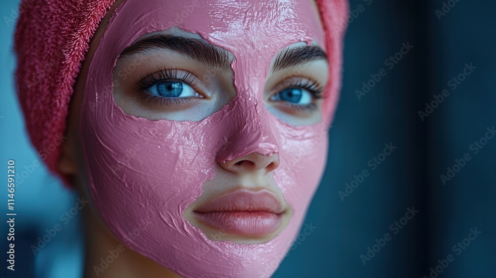 A woman with a pink facial mask, relaxing and caring for her skin. A woman with a pink facial mask, relaxing and caring for her skin.