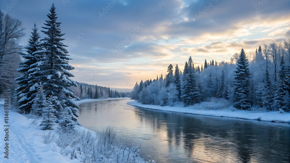 Obraz premium A tranquil winter river flows through frosted pine forests, reflecting golden sunlight at sunrise. Serene Winter River with Snow-Covered Pines and Golden Sunrise Reflection.