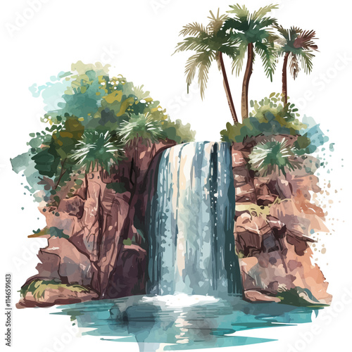 A watercolor painting of a waterfall cascading into a lagoon, isolated on a white background. Waterfall lagoon vector.
