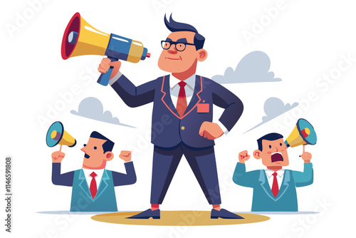 Boss commanding officers into a megaphone vector image, Isolated on white background.
