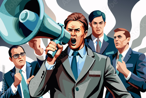 Boss commanding officers into a megaphone vector image, Isolated on white background.
